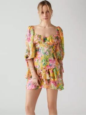 For Love & Lemons Yellow, Pink and Green Floral Dress